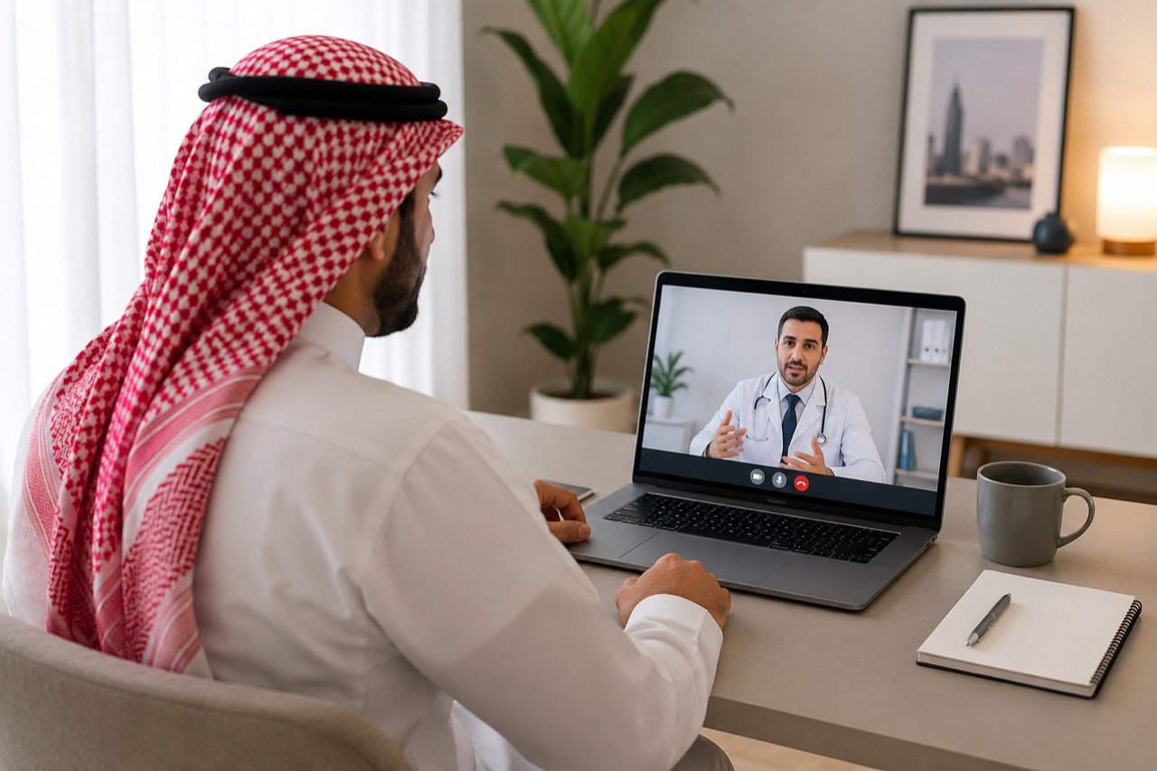 رجل يرتدي الزي السعودي التقليدي خلال استشارة طبية مرئية آمنة مع طبيب عبر الحاسوب المحمول في المنزل